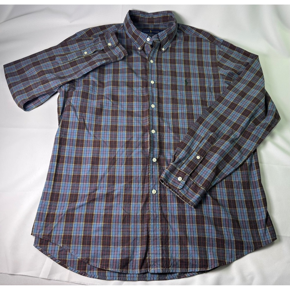 Ralph Lauren Mens XL Brown Blue Plaid Pony Long‎ Sleeve Button Down Shirt